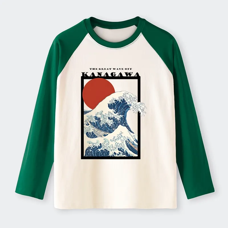 Tokyo-Tiger Minimalist Ukiyo-e Waves Raglan Long Sleeve T-shirt