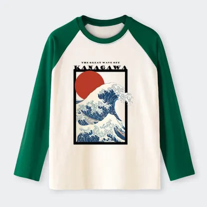 Tokyo-Tiger Minimalist Ukiyo-e Waves Raglan Long Sleeve T-shirt