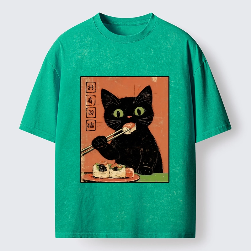 Tokyo-Tiger Japanese Style Sushi Cat Art Washed T-Shirt