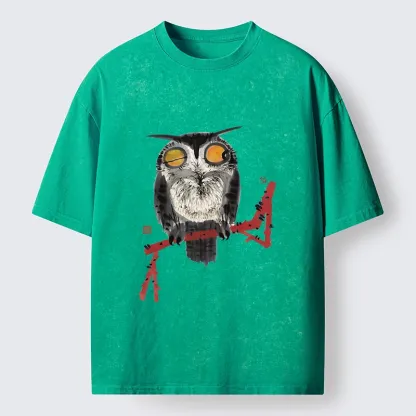 Tokyo-Tiger Ink Wash Owl On Red Branch Washed T-Shirt