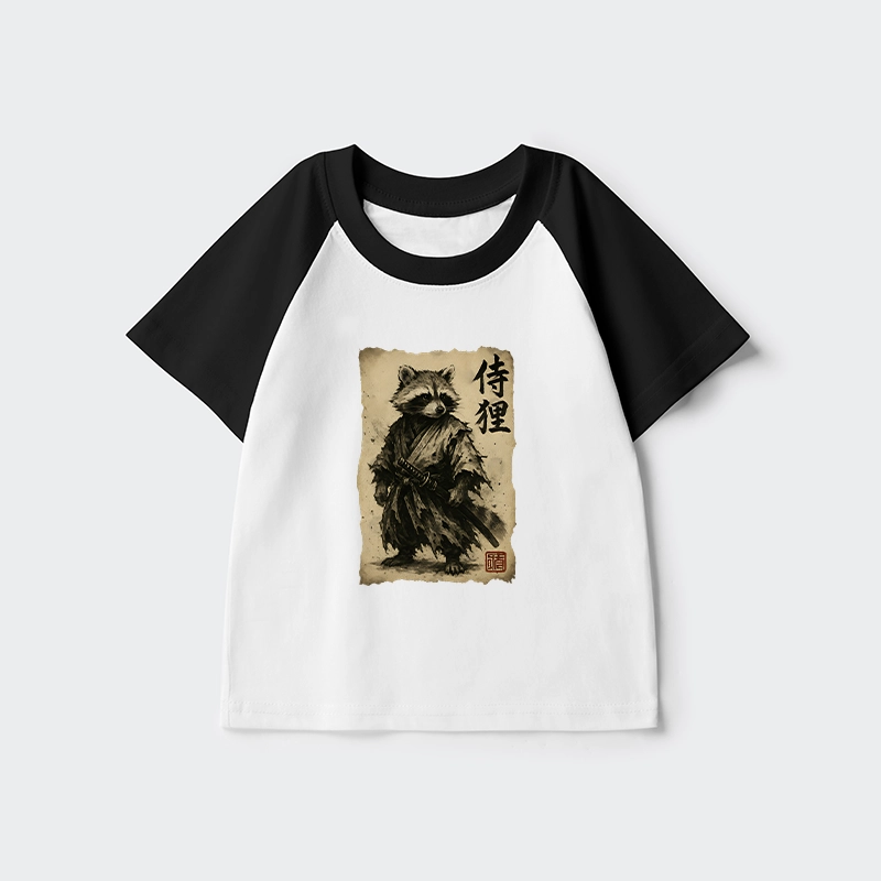 Tokyo-Tiger Retro Raccoon Samurai Kids Raglan T-shirt