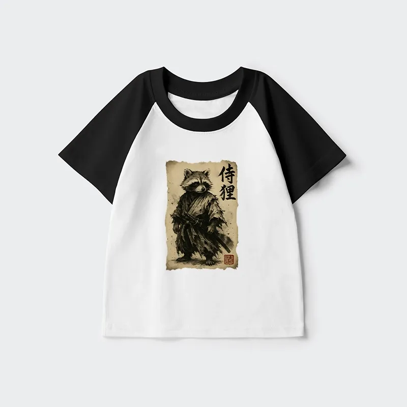 Tokyo-Tiger Retro Raccoon Samurai Kids Raglan T-shirt Sale