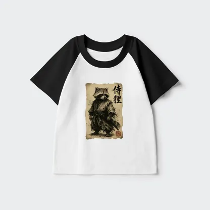 Tokyo-Tiger Retro Raccoon Samurai Kids Raglan T-shirt