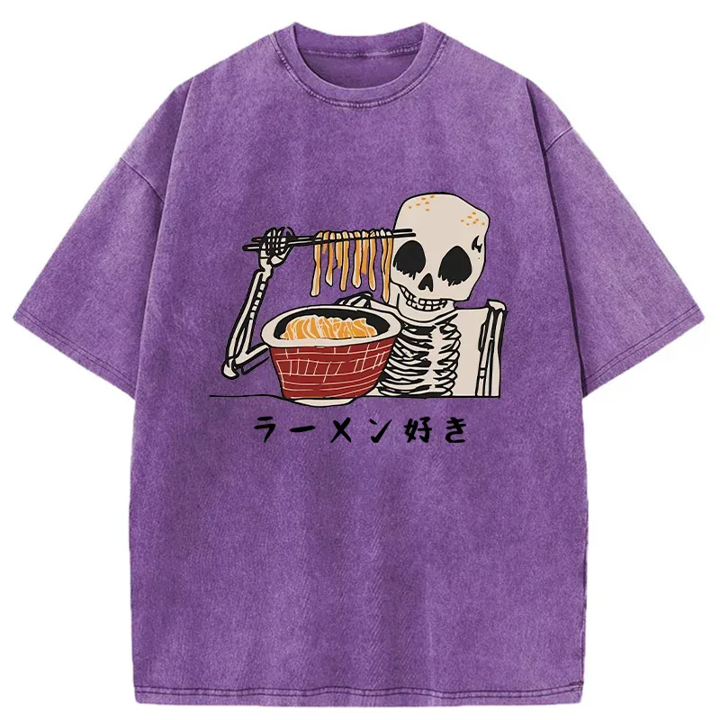 Tokyo-Tiger Skeleton Eating Ramen Washed T-Shirt