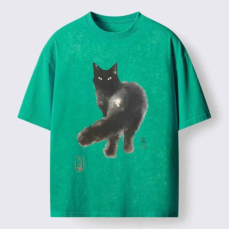 Tokyo-Tiger Black Cat Emptiness Ink Wash Washed T-Shirt