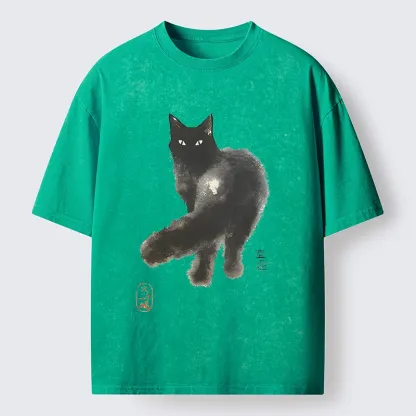 Tokyo-Tiger Black Cat Emptiness Ink Wash Washed T-Shirt