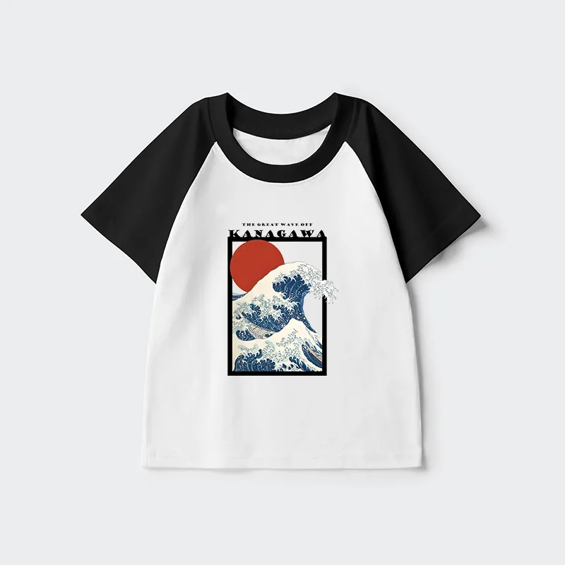 Tokyo-Tiger Minimalist Ukiyo-e Waves Kids Raglan T-shirt Sale