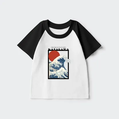 Tokyo-Tiger Minimalist Ukiyo-e Waves Kids Raglan T-shirt