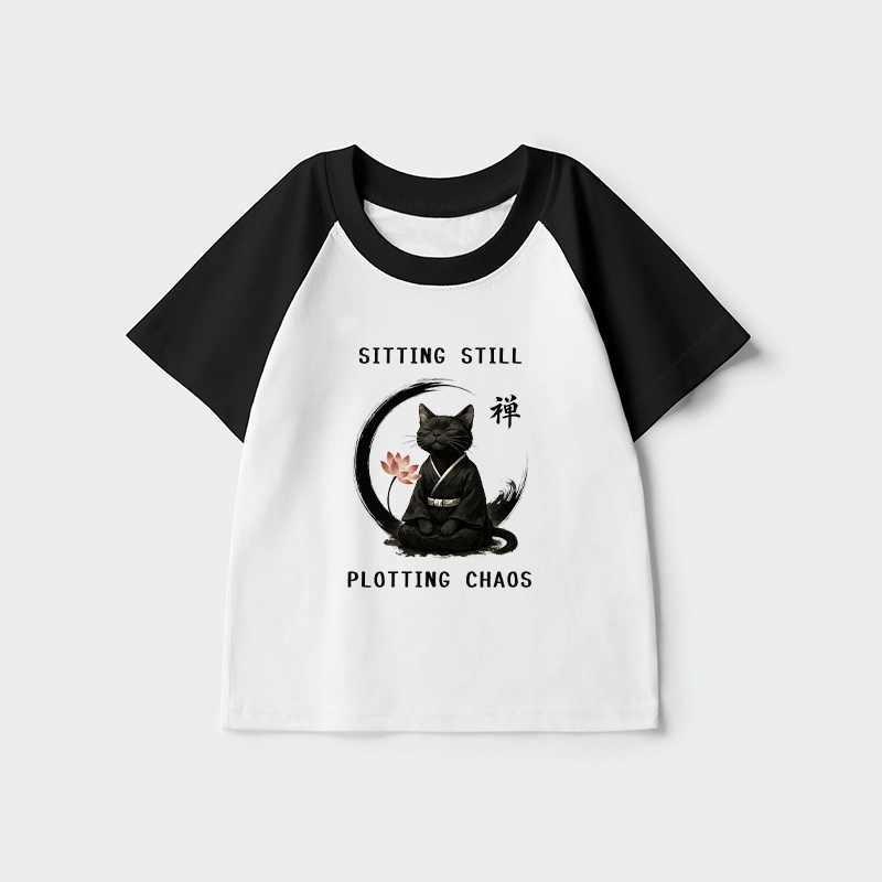 Tokyo-Tiger Sitting still  plotting chaos Calming Zen Cat Funny Kids Raglan T-shirt