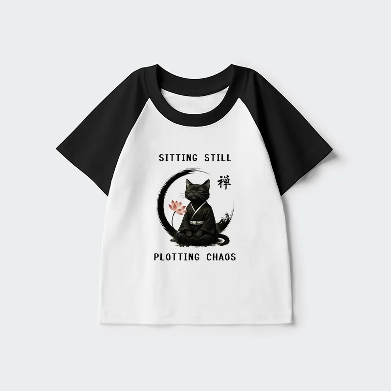 Tokyo-Tiger Sitting still plotting chaos Calming Zen Cat Funny Kids Raglan T-shirt Sale