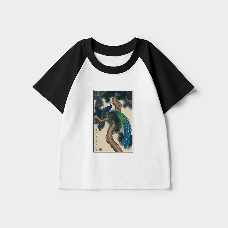 Tokyo-Tiger Peacocks in Snowy Pines Kids Raglan T-shirt