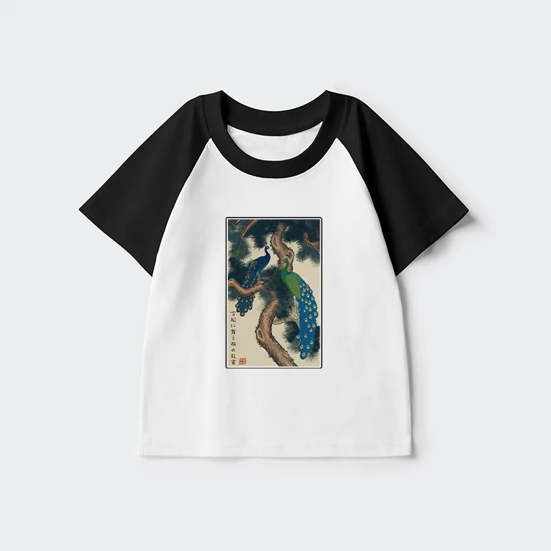 Tokyo-Tiger Peacocks in Snowy Pines Kids Raglan T-shirt Sale