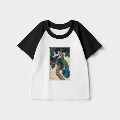 Tokyo-Tiger Peacocks in Snowy Pines Kids Raglan T-shirt
