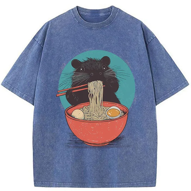Tokyo-Tiger Hamster Eating Ramen Washed T-Shirt