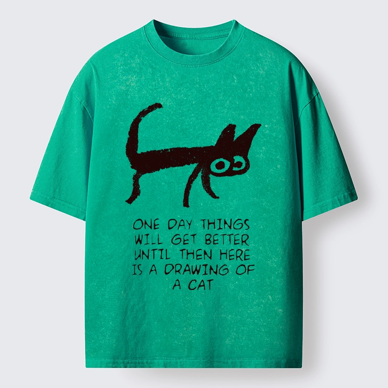 Tokyo-Tiger Cat Cheer Up Drawing Washed T-Shirt