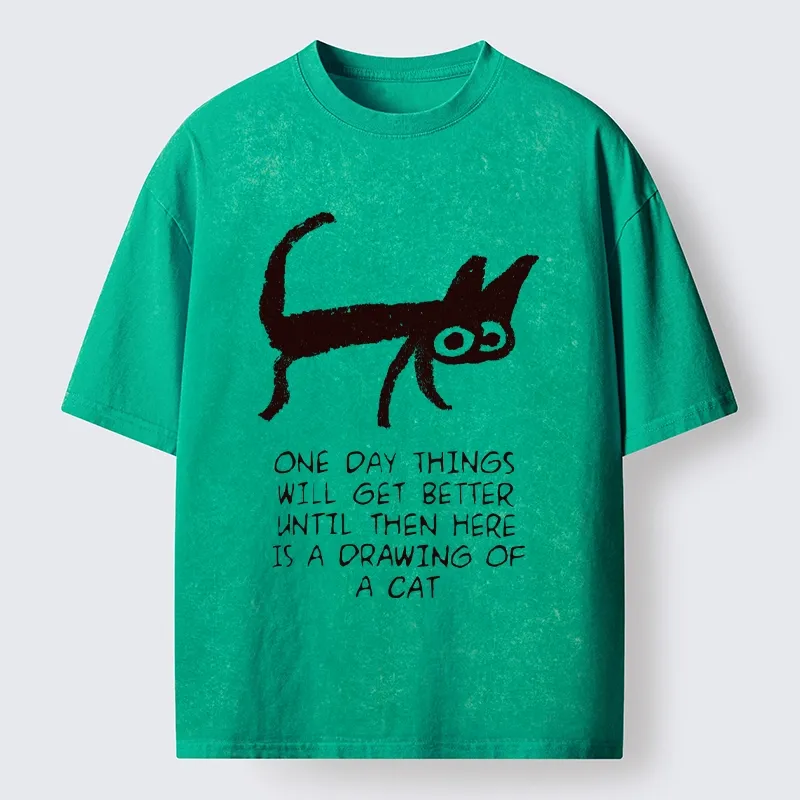 Tokyo-Tiger Cat Cheer Up Drawing Washed T-Shirt