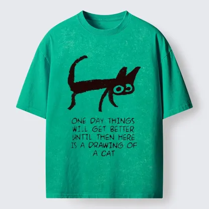 Tokyo-Tiger Cat Cheer Up Drawing Washed T-Shirt