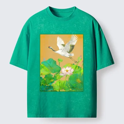 Tokyo-Tiger Crane Flying Over Lotus Art Washed T-Shirt