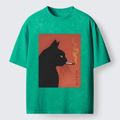 Tokyo-Tiger Black Cat With Cigarette Washed T-Shirt