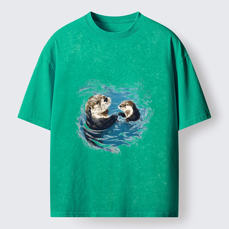 Tokyo-Tiger Meme Cute Otter Pair In Water Washed T-Shirt