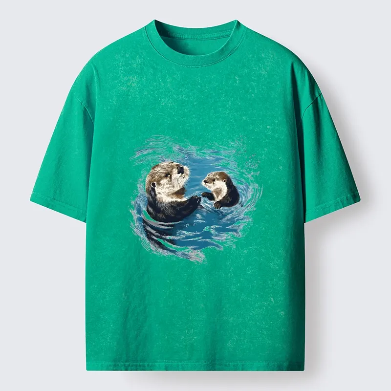Tokyo-Tiger Meme Cute Otter Pair In Water Washed T-Shirt