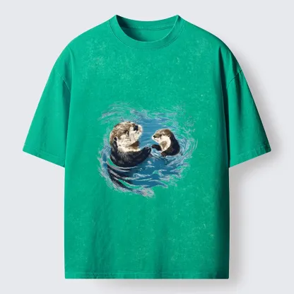 Tokyo-Tiger Meme Cute Otter Pair In Water Washed T-Shirt