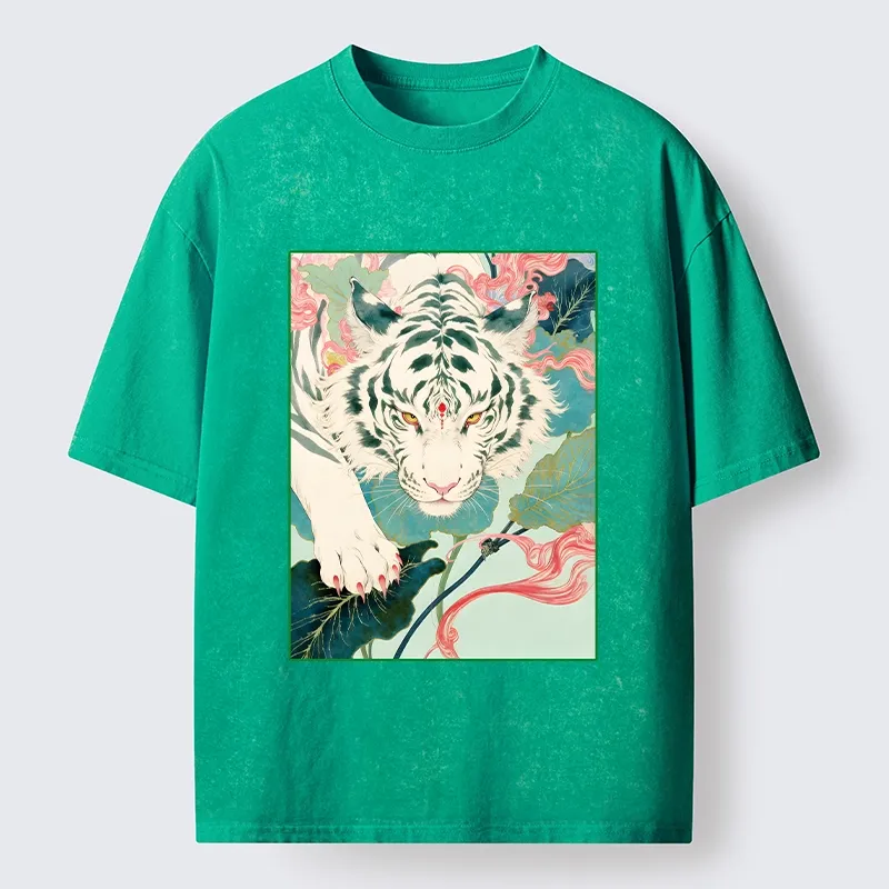 Tokyo-Tiger Oriental White Tiger Art Washed T-Shirt