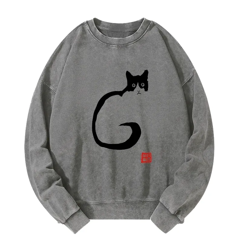 Tokyo-Tiger Calm Cat In Simple Lines Washed Sweatshirt