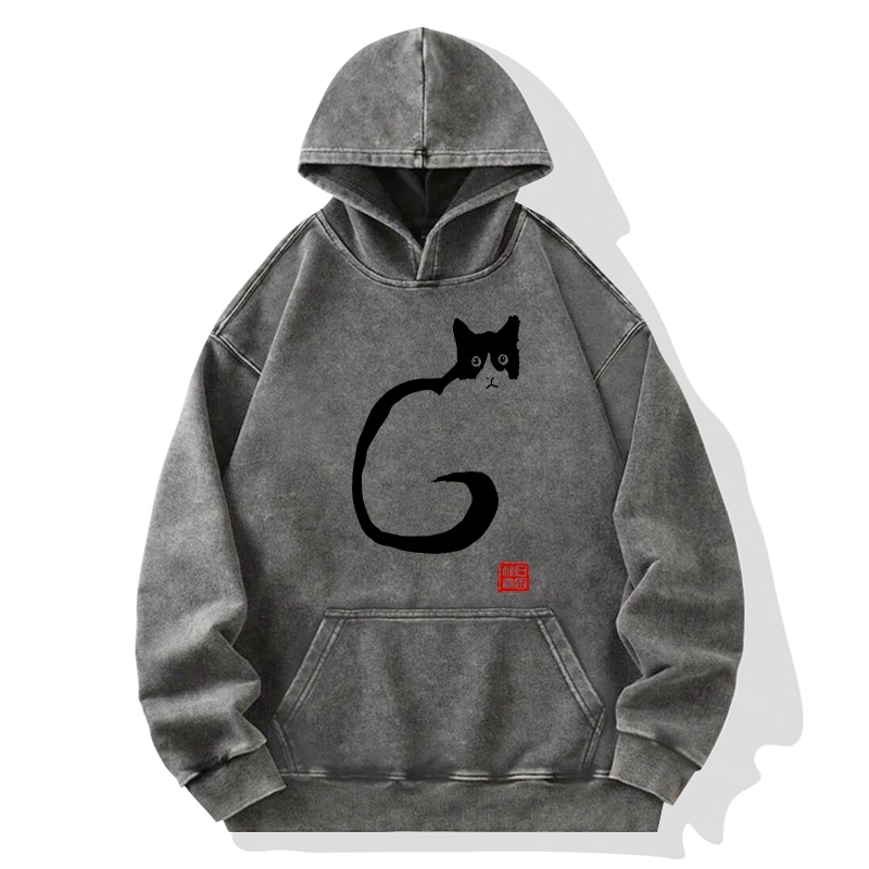 Tokyo-Tiger Calm Cat In Simple Lines Washed Hoodie
