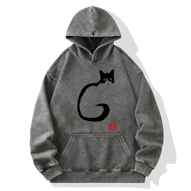 Tokyo-Tiger Calm Cat In Simple Lines Washed Hoodie