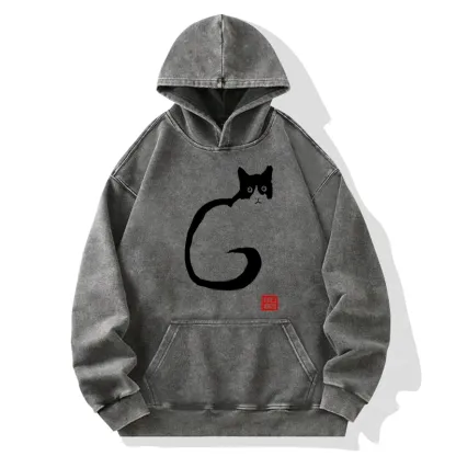 Tokyo-Tiger Calm Cat In Simple Lines Washed Hoodie