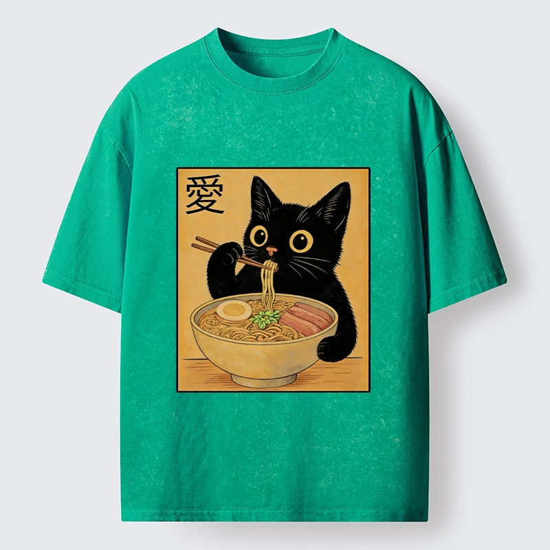 Tokyo-Tiger Cute Cat Eating Ramen Meme Washed T-Shirt