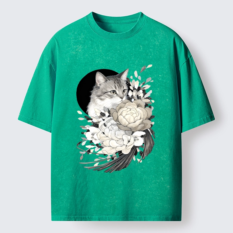 Tokyo-Tiger Graceful Cat In Floral Bouquet Washed T-Shirt