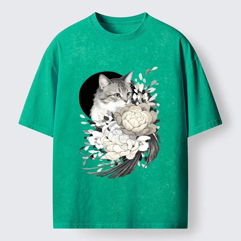 Tokyo-Tiger Graceful Cat In Floral Bouquet Washed T-Shirt