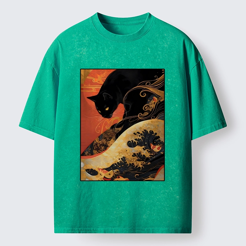 Tokyo-Tiger Japanese Style Black Cat Washed T-Shirt