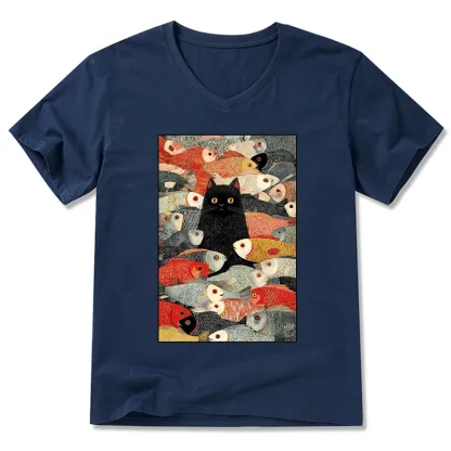 Tokyo-Tiger Cats And Fish V-Neck Classic T-Shirt