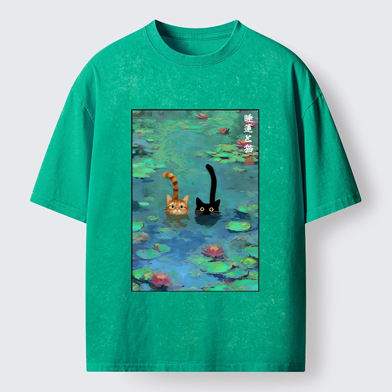 Tokyo-Tiger Funny Cats Swimming In Lilies Washed T-Shirt