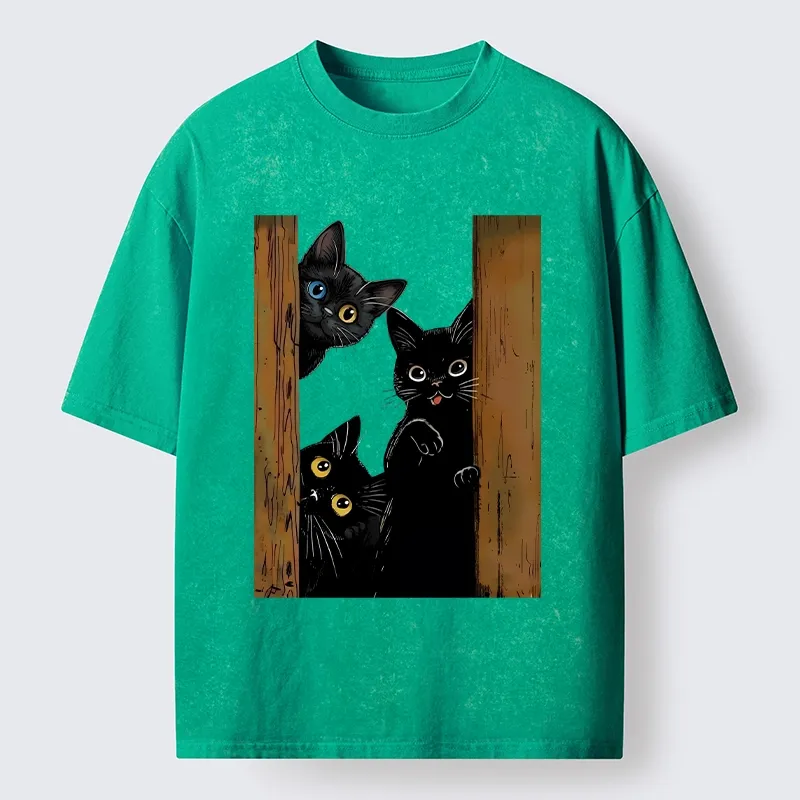 Tokyo-Tiger Funny Cats Spying On You Washed T-Shirt