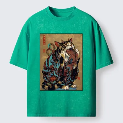 Tokyo-Tiger Samurai Cat Eating Fish Washed T-Shirt