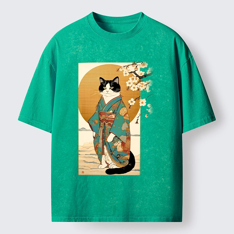 Tokyo-Tiger Elegant Cat In Traditional Kimono Washed T-Shirt