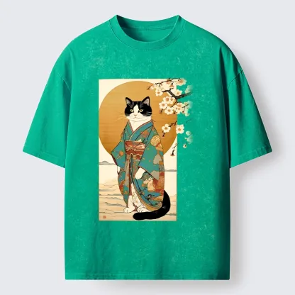 Tokyo-Tiger Elegant Cat In Traditional Kimono Washed T-Shirt