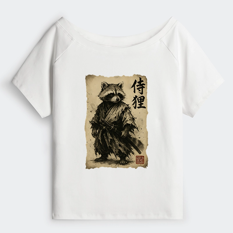 Tokyo-Tiger Retro Raccoon Samurai Off Shoulder T-Shirt