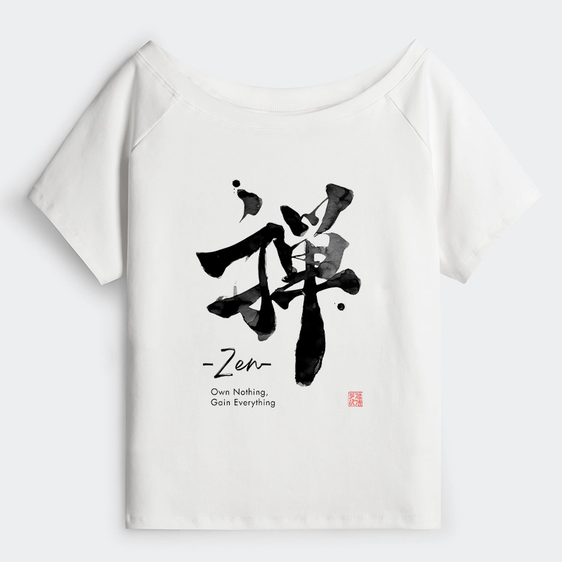 Tokyo-Tiger Zen Texts Off Shoulder T-Shirt