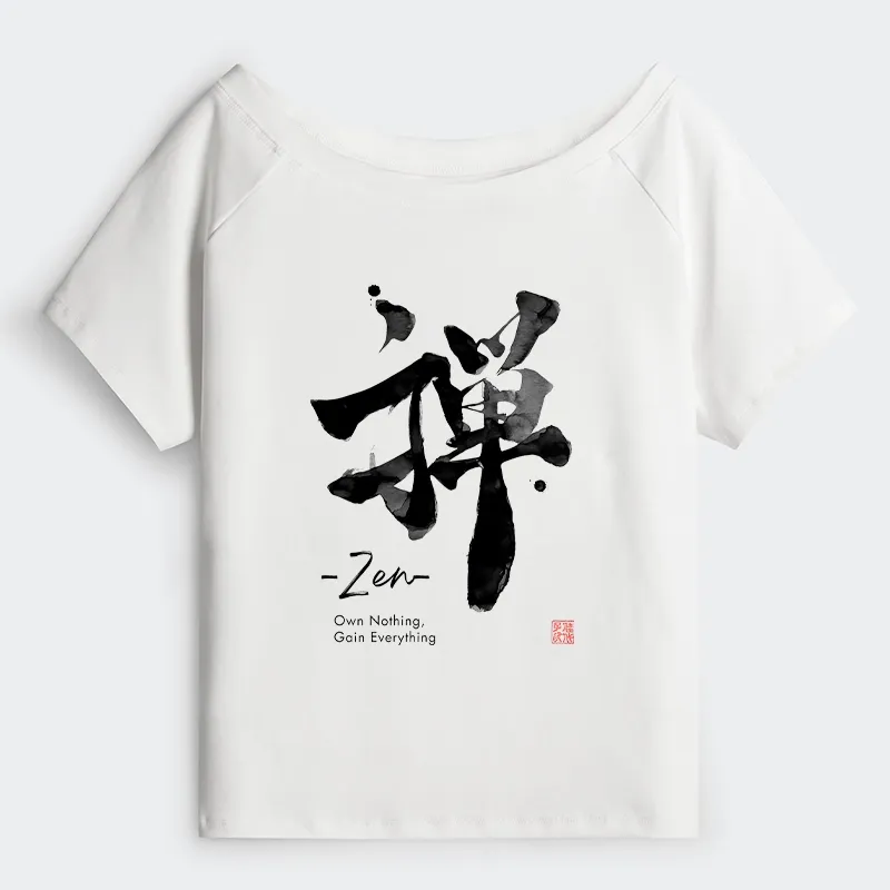 Tokyo-Tiger Zen Texts Off Shoulder T-Shirt