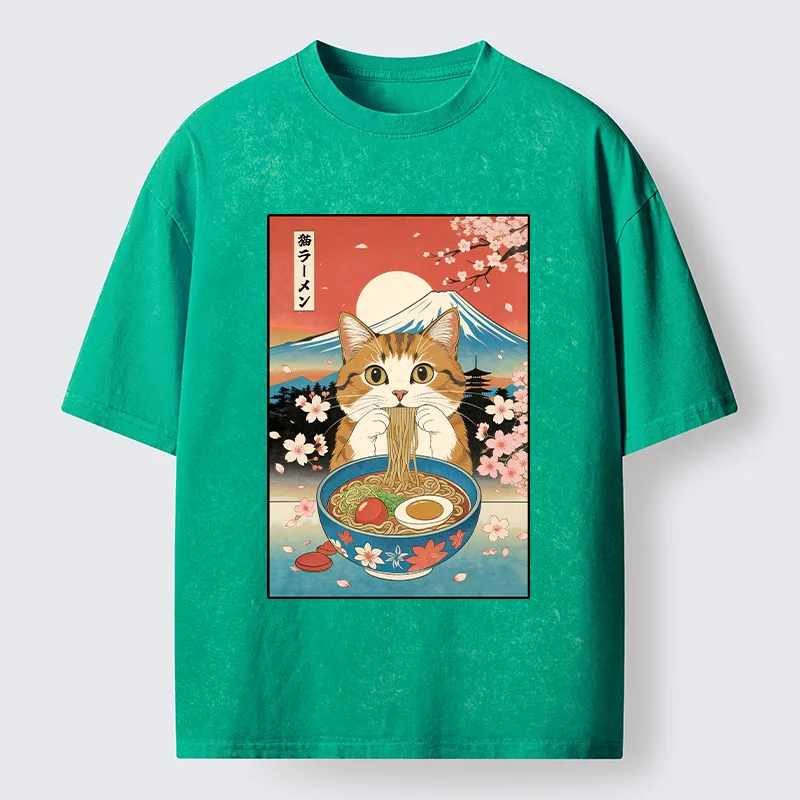 Tokyo-Tiger Orange Cat Eating Ramen Washed T-Shirt