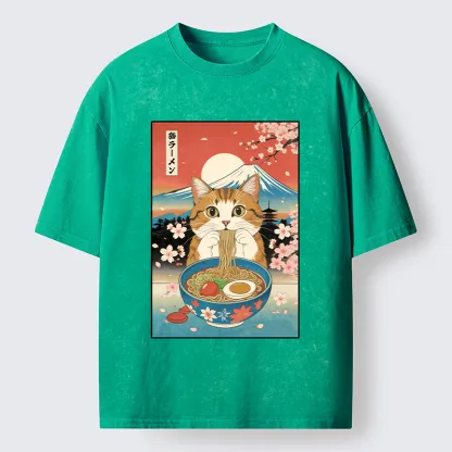 Tokyo-Tiger Orange Cat Eating Ramen Washed T-Shirt
