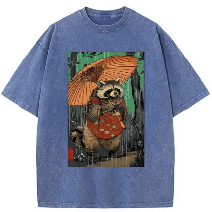 Tokyo-Tiger Cute Raccoon Japanese Washed T-Shirt