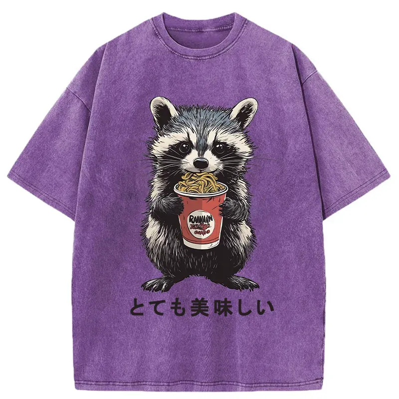 Tokyo-Tiger Cute Raccoon Eating Ramen Washed T-Shirt