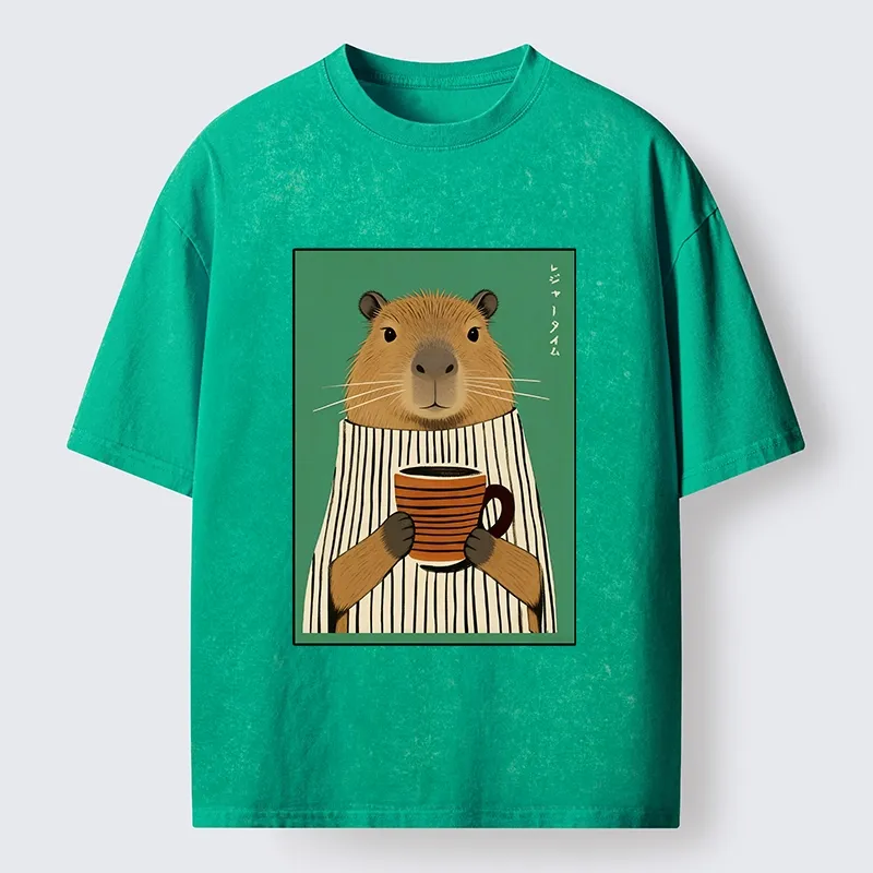 Tokyo-Tiger Capybara Coffee Time Washed T-Shirt Sale