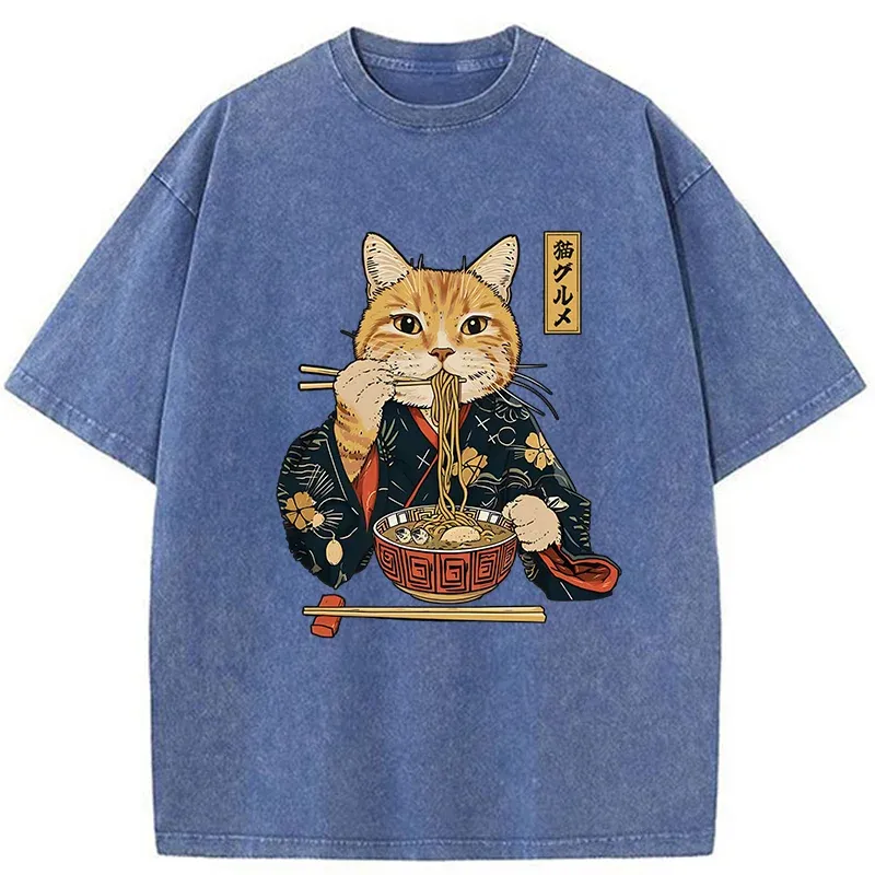 Tokyo-Tiger Elegant Cat Eating Ramen Washed T-Shirt